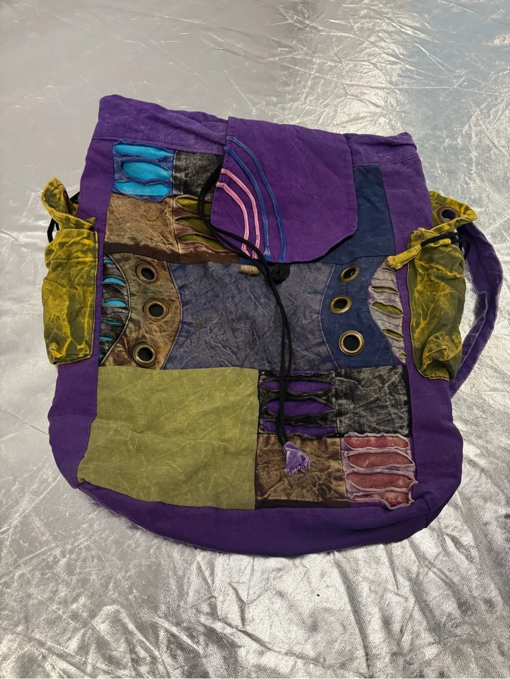 Bohemian Patchwork Purple Drawstring Backpack
